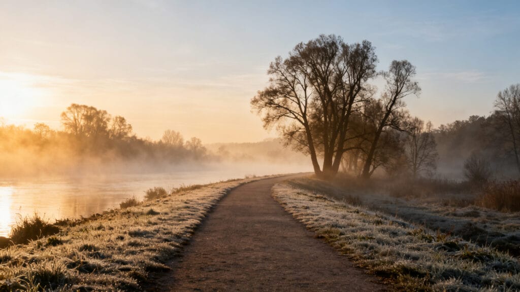 Brume matinale sur la vallée de la Dordogne, berges calmes avant l’affluence