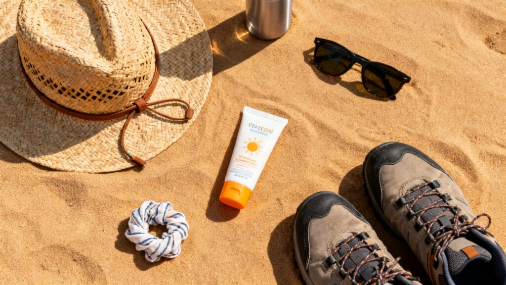 Chapeau, crème solaire et chaussures légères sur le sable