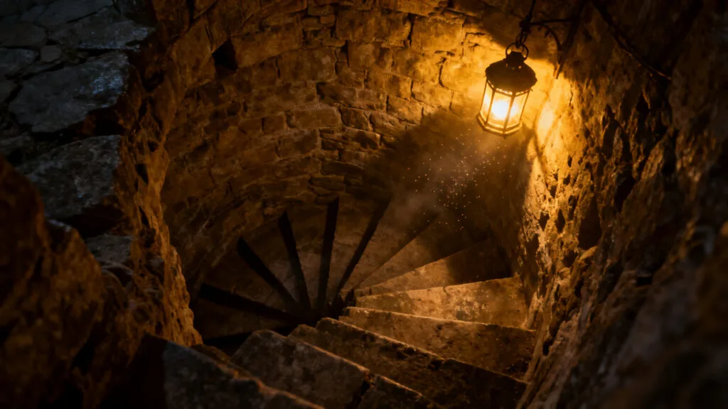 Escalier ancien et lumière de lanterne pour visite nocturne