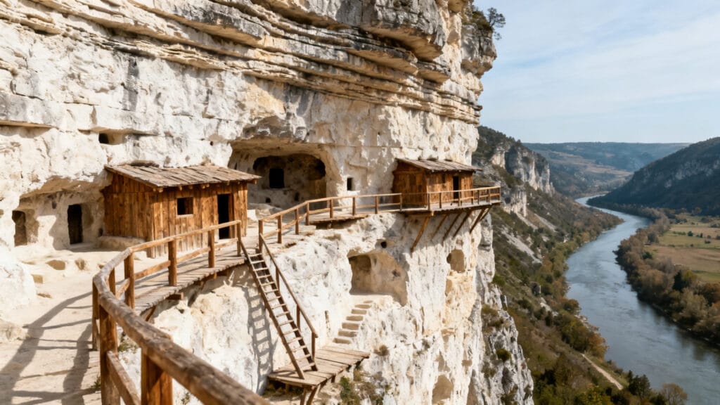 Terrasses troglodytiques dominant la vallée de la Vézère