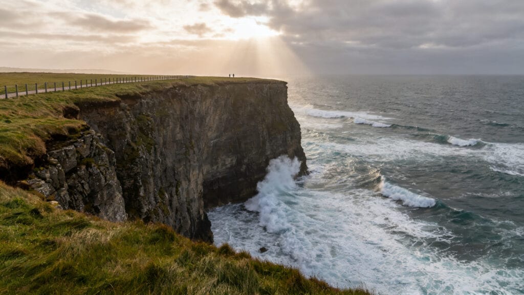 Falaises atlantiques avec sentier en retrait et lumière douce