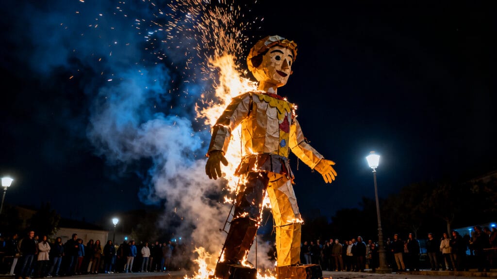 Ninot en feu durant la Cremà des Fallas