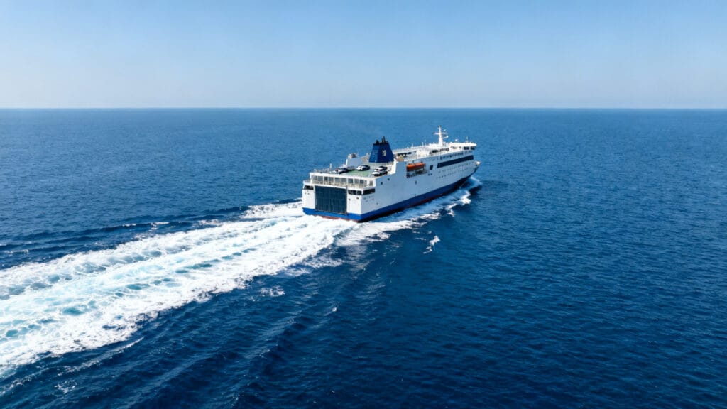 Ferry en mer ouverte illustrant 100 nm de traversée