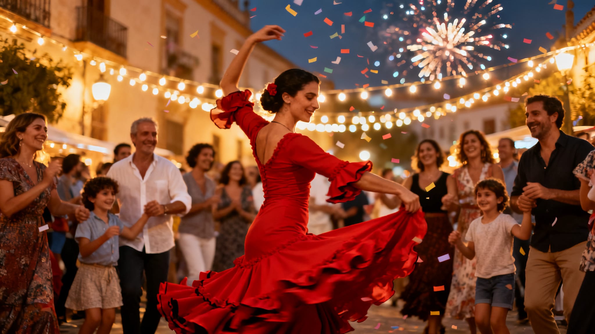 Ambiance de fêtes espagnoles au crépuscule, danse et lumières