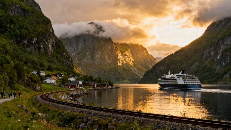 Panorama évoquant Flåm en Norvège, train et fjord au soleil
