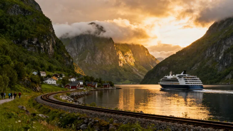 Panorama évoquant Flåm en Norvège, train et fjord au soleil