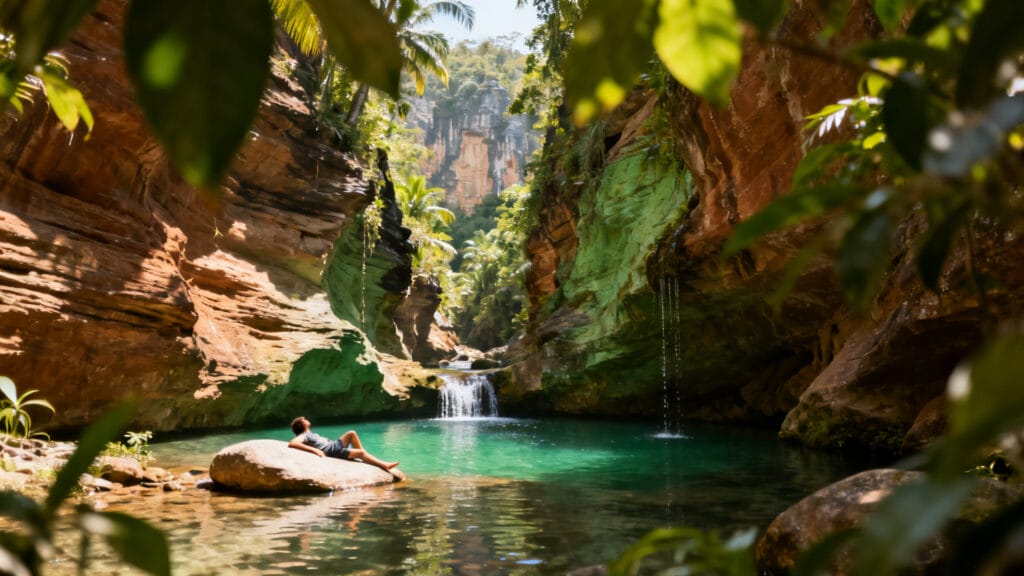 Gorge rocheuse et vasques émeraude avec baigneur