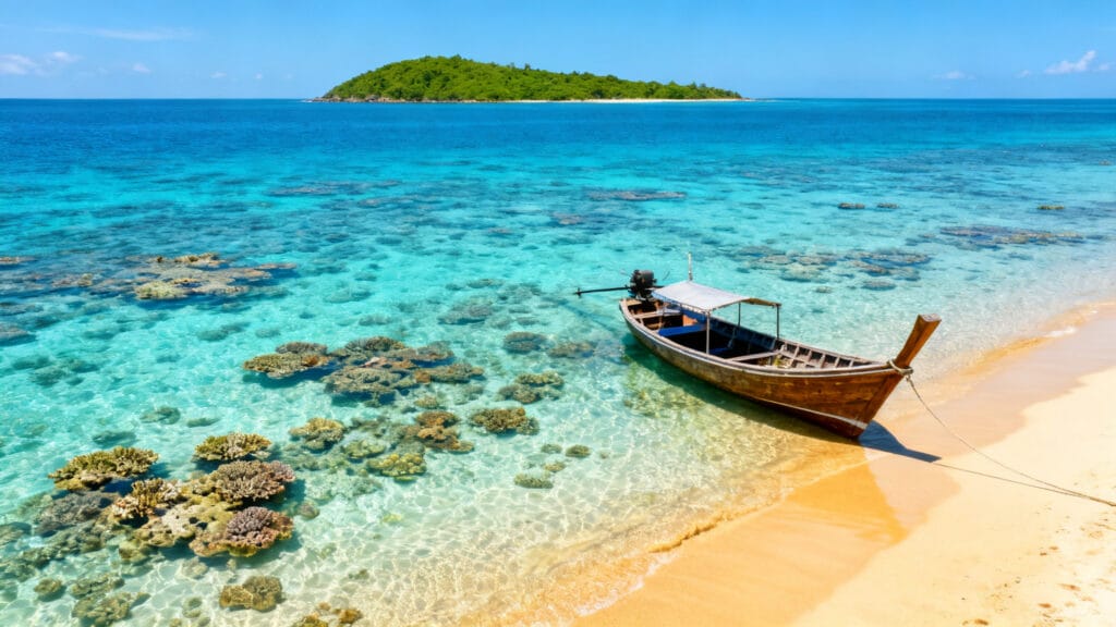 Petit bateau local près d’une plage au récif clair