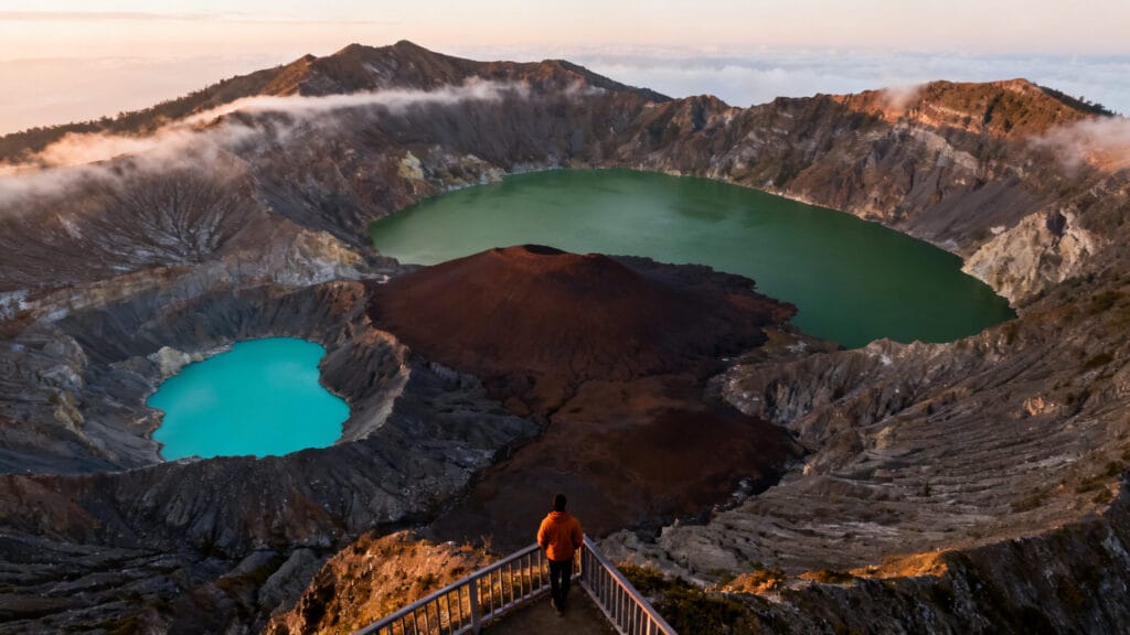 Lacs de cratère colorés au lever du soleil