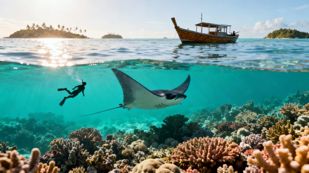 Raie manta sous snorkeleur près d’îlots tropicaux