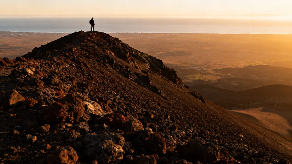 Randonneur sur crête de scories face au soleil levant