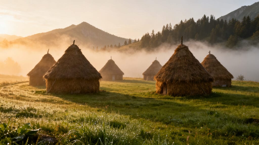 Maisons coniques traditionnelles dans un village de montagne
