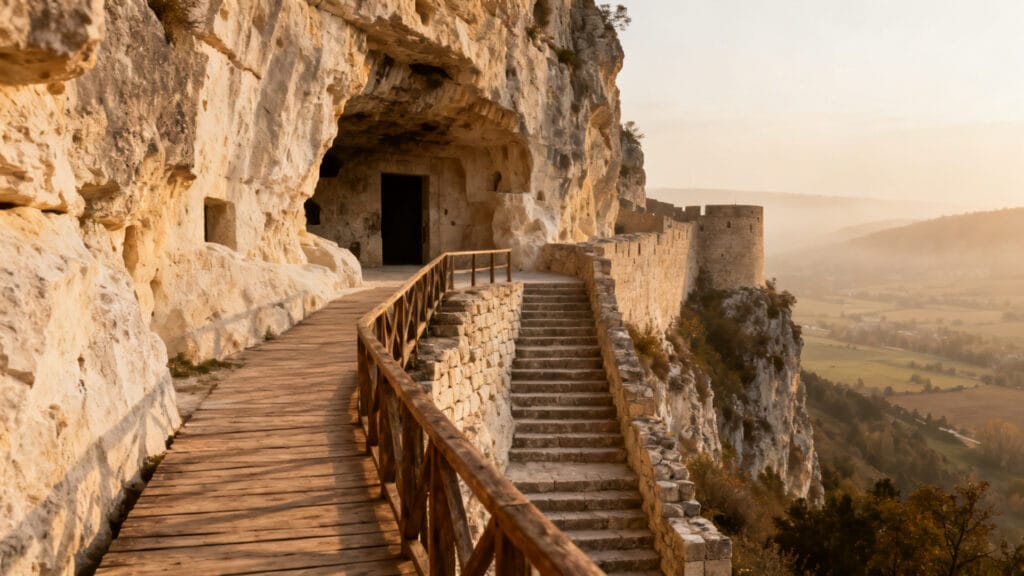 Passerelle troglodytique accrochée à la falaise, panorama sur la vallée de la Dordogne