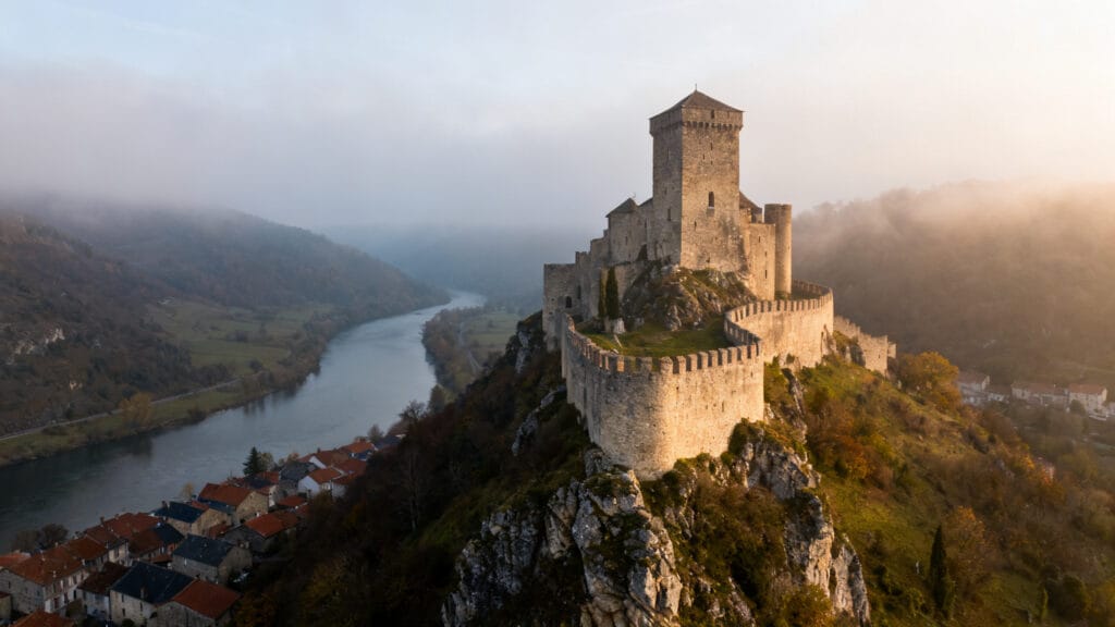 Château médiéval au-dessus d’une rivière au matin