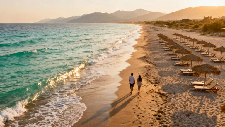 Longue plage de georgioupolis au soleil couchant