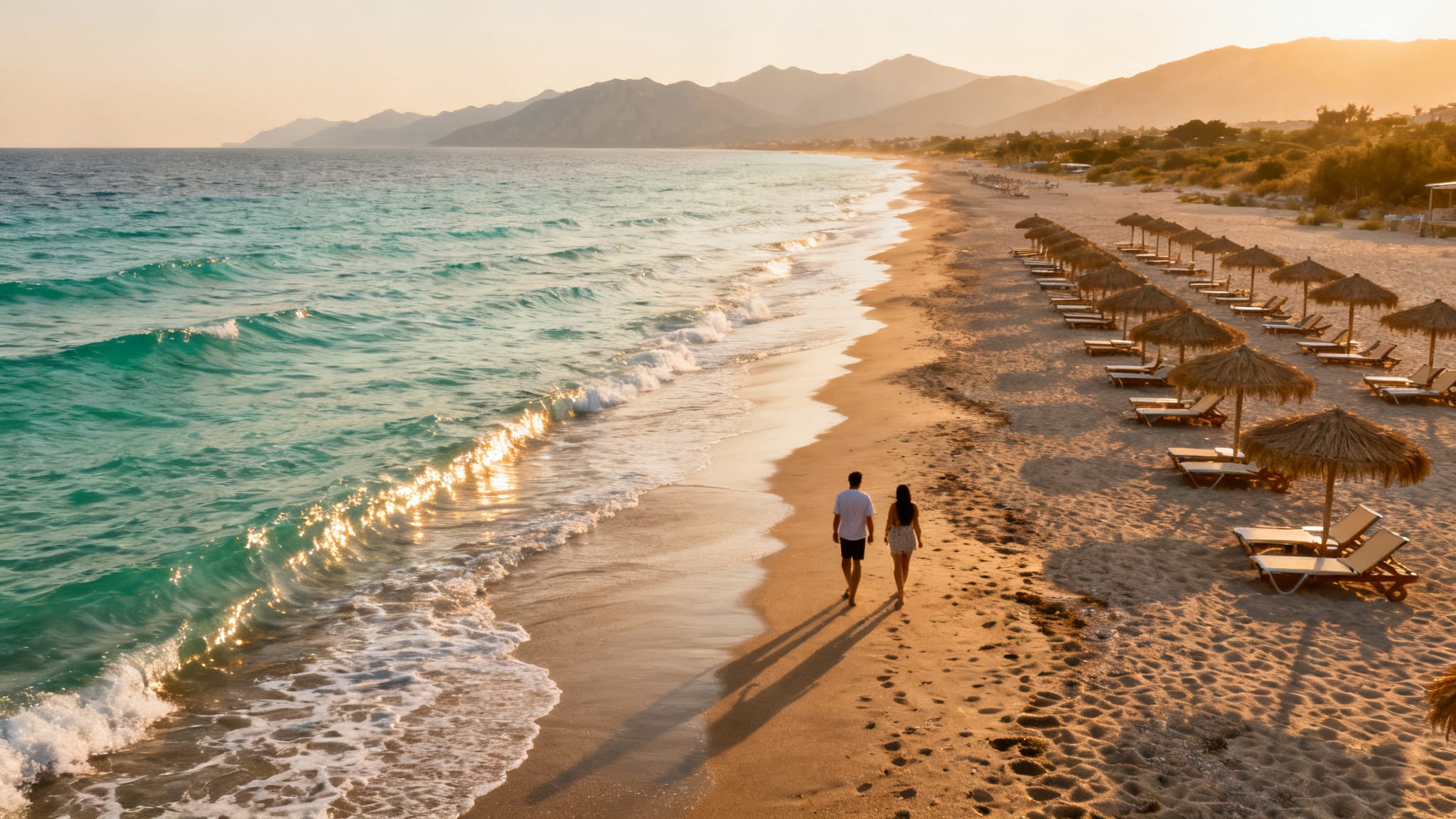 Longue plage de georgioupolis au soleil couchant
