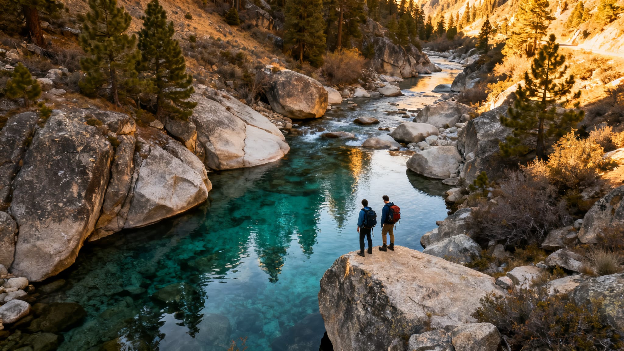 Vasques turquoise et randonneurs dans les gorges d'Héric