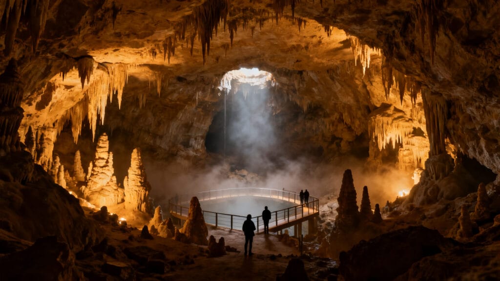 Concrétions lumineuses dans une vaste cavité souterraine