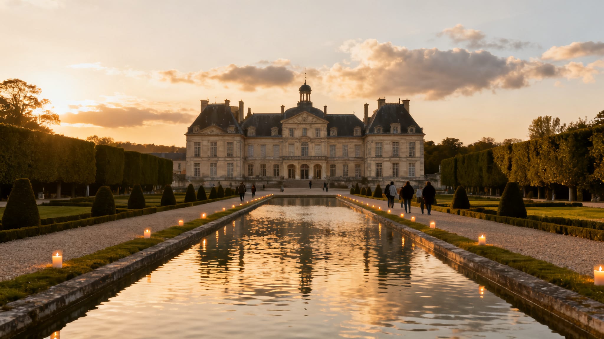 Perspective dorée sur des jardins à la française et un grand château