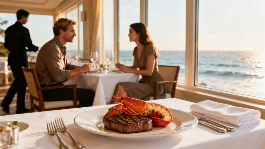 Dîner chic avec vue sur l’océan, service soigné
