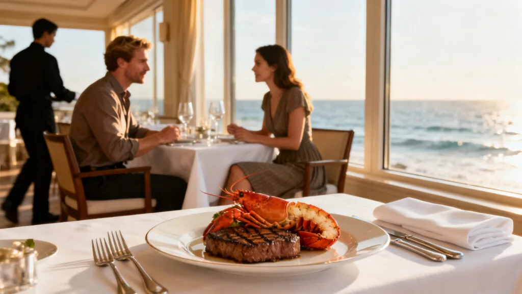 Dîner chic avec vue sur l’océan, service soigné