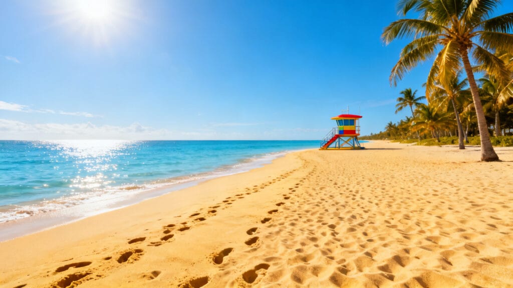 Plage ensoleillée et tour de sauveteur près d’une mer claire