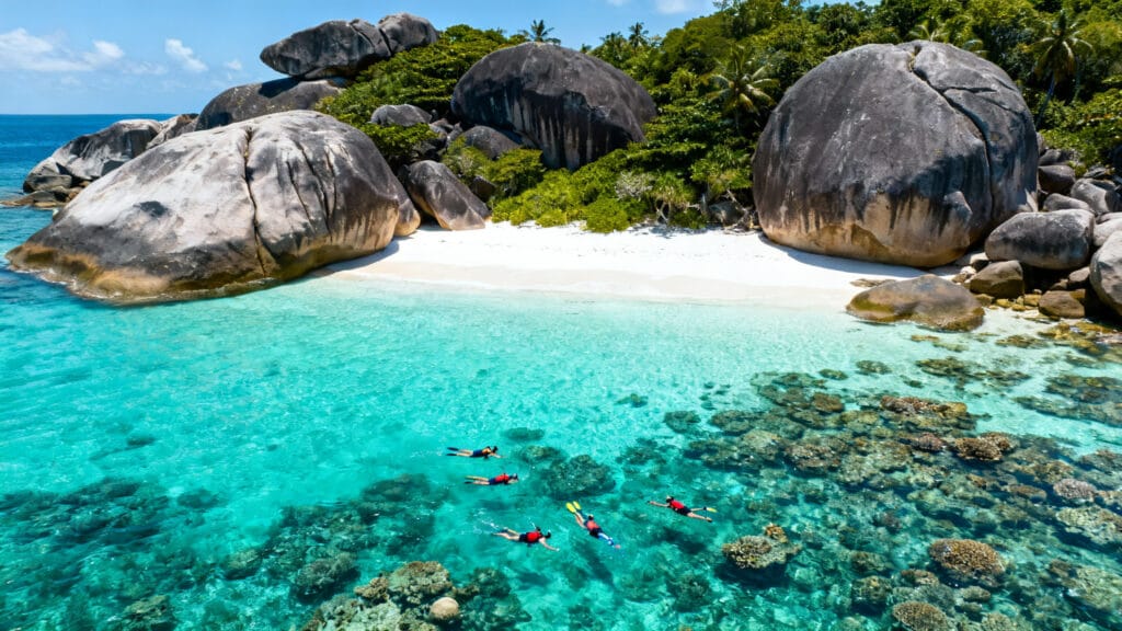 Snorkeling sur récif corallien aux eaux turquoise claires