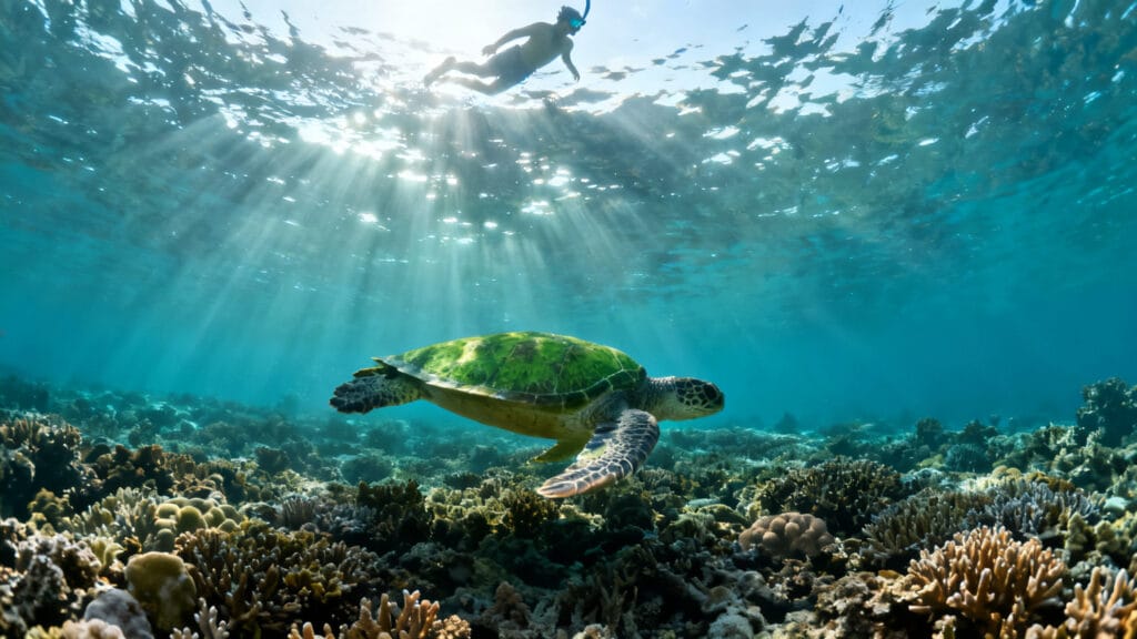 Tortue et snorkeler au-dessus d’un jardin de corail