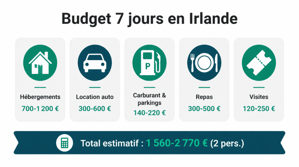 Infographie budget Irlande 7 jours avec postes et total estimatif