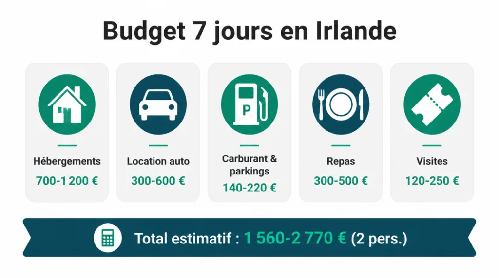 Infographie budget Irlande 7 jours avec postes et total estimatif