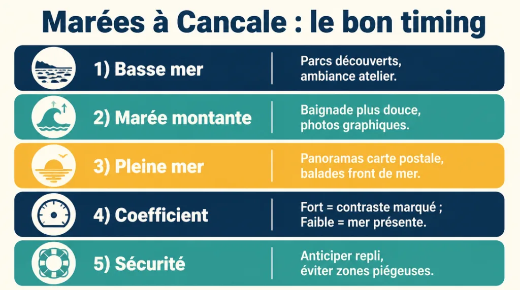 Infographie récapitulant les meilleurs horaires selon la marée