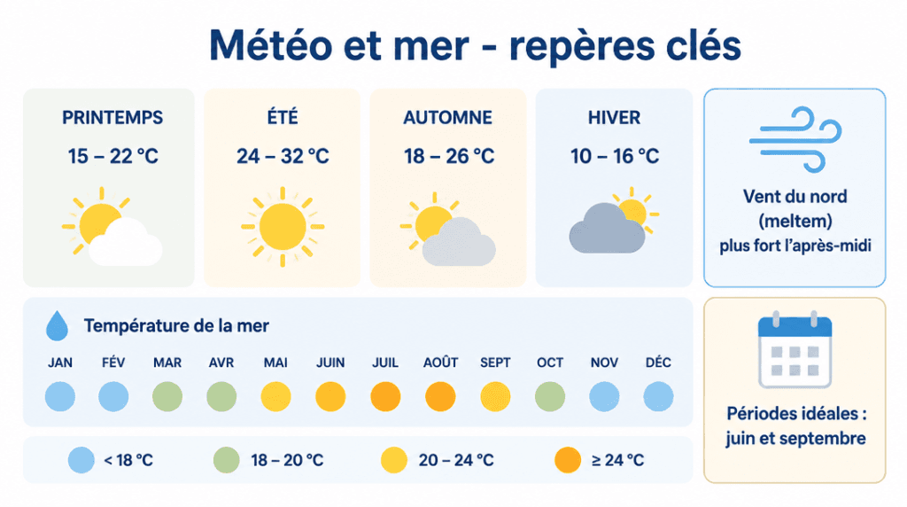 Infographie météo avec températures de l’air et de la mer