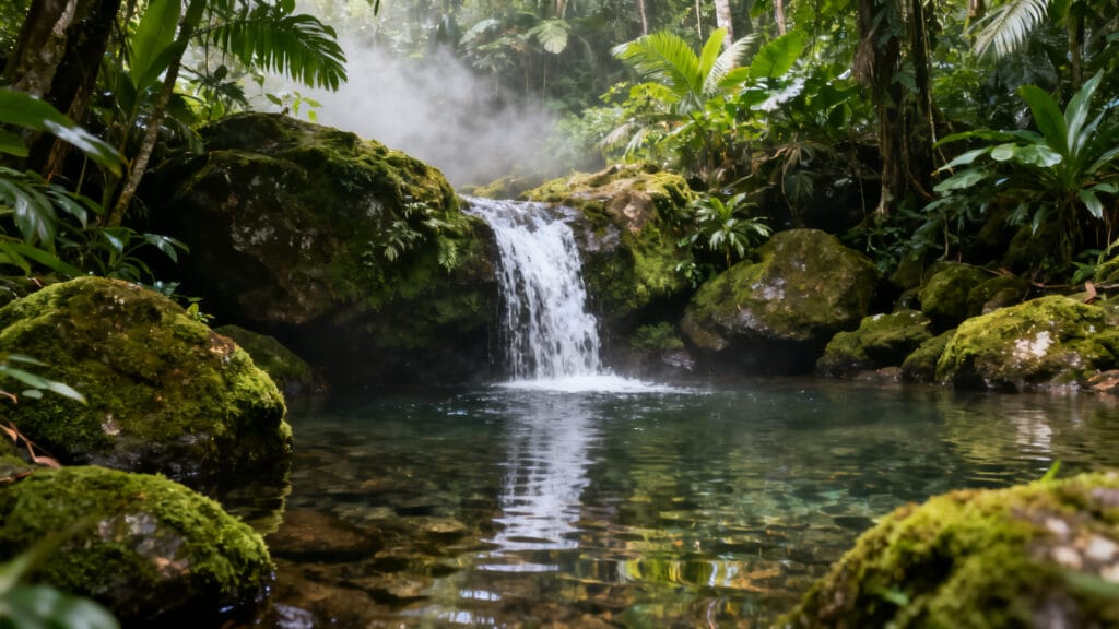 Cascade tropicale tombant dans un bassin naturel clair