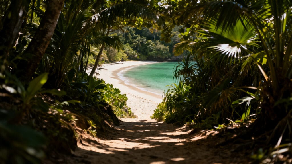 Sentier de jungle menant à une crique de sable