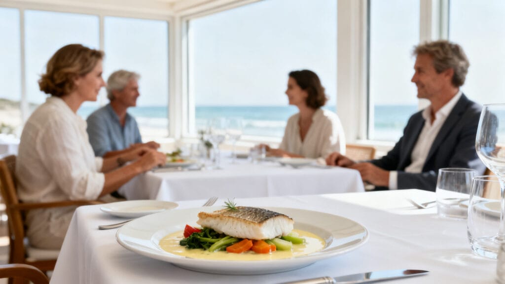 Salle élégante avec plat de poisson, ambiance chic