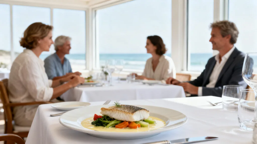 Salle élégante avec plat de poisson, ambiance chic