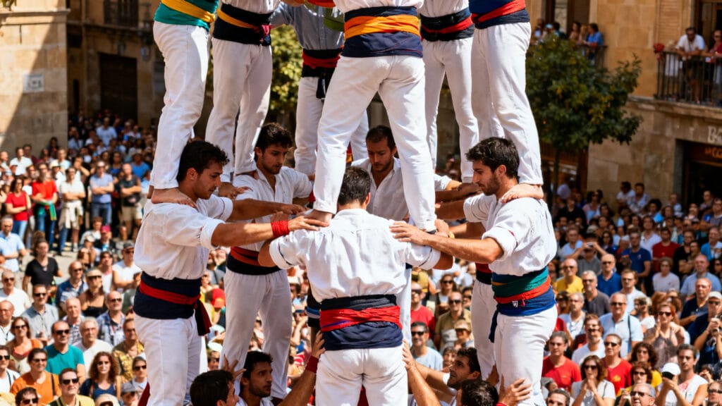 Castellers érigeant une tour humaine en place publique