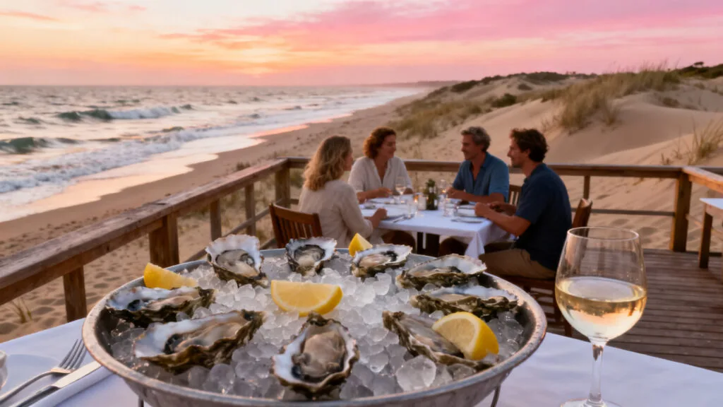 Terrasse vue mer au coucher du soleil, fruits de mer