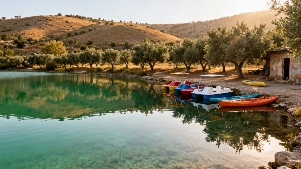 Lac d’eau douce émeraude avec pédalos colorés