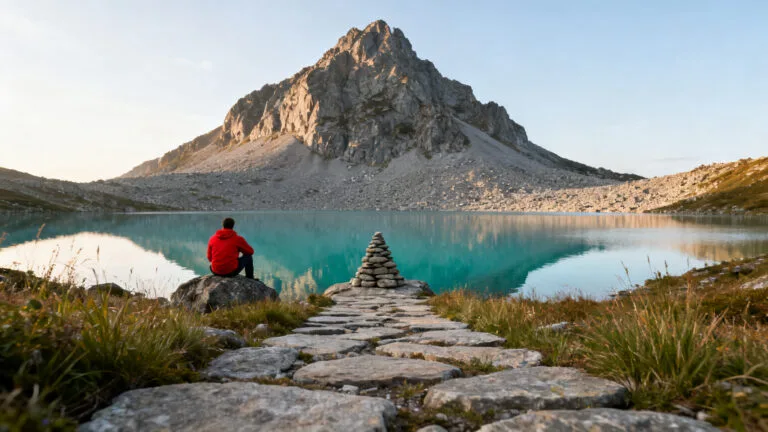 Reflets turquoise du lac de la Muzelle sous un sommet rocailleux
