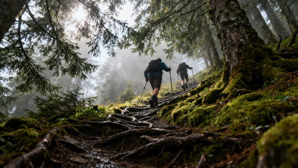 Lacets ombragés du GR 54 avec randonneurs en montée
