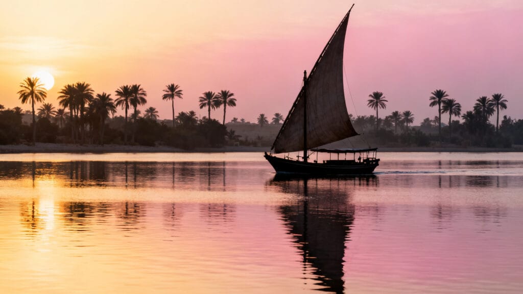 Lagon tropical doré avec voile traditionnelle au soleil couchant