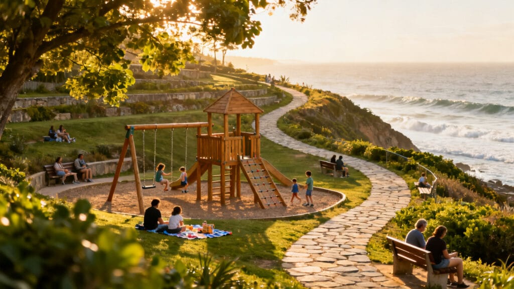 Parc côtier en terrasses, aire de jeux et sentier vers la mer