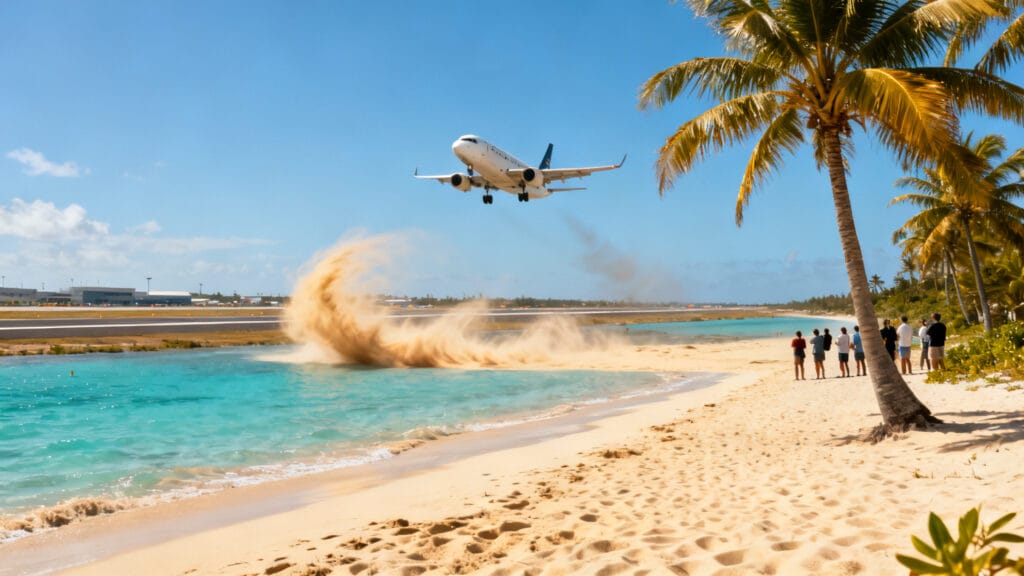 Plage tropicale près d’un aéroport, avion et public à distance sûre