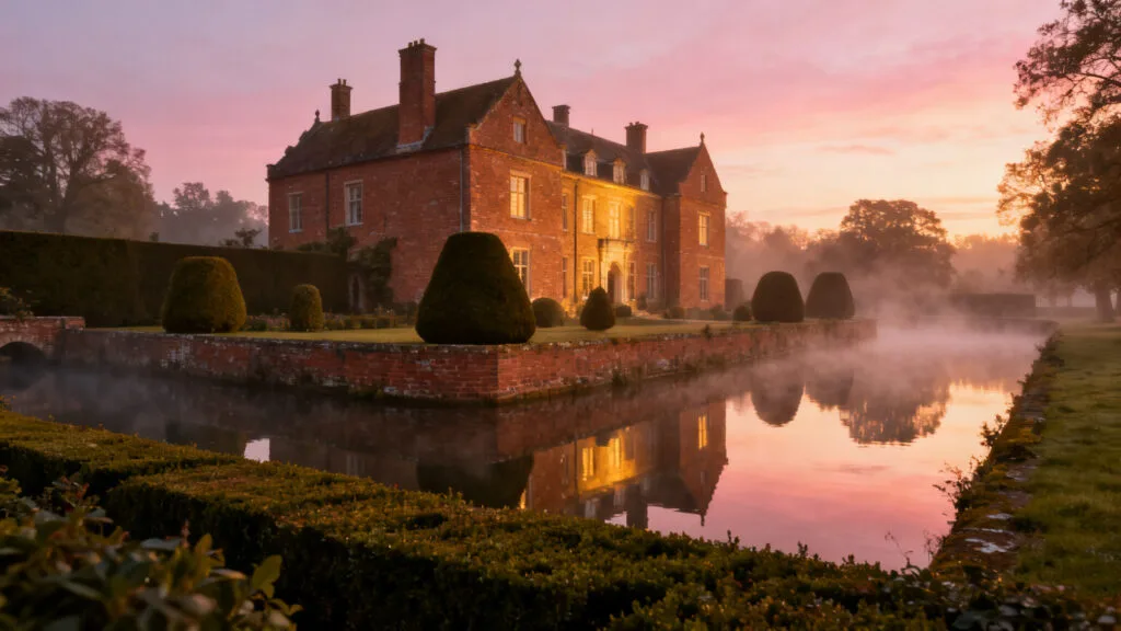 Manoir flamand, jardins et silhouettes au crépuscule