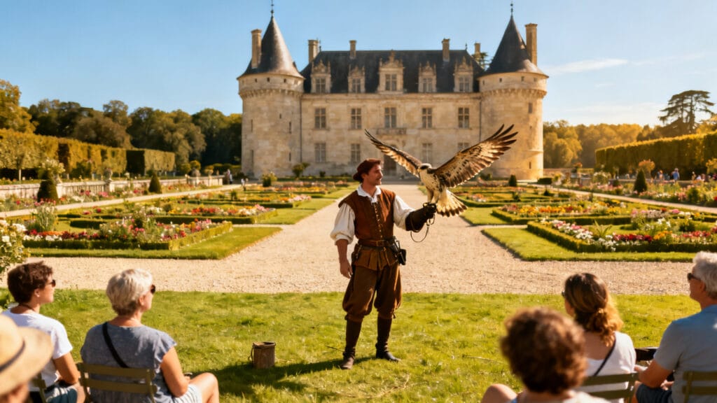 Spectacle de fauconnerie dans les jardins d’un manoir