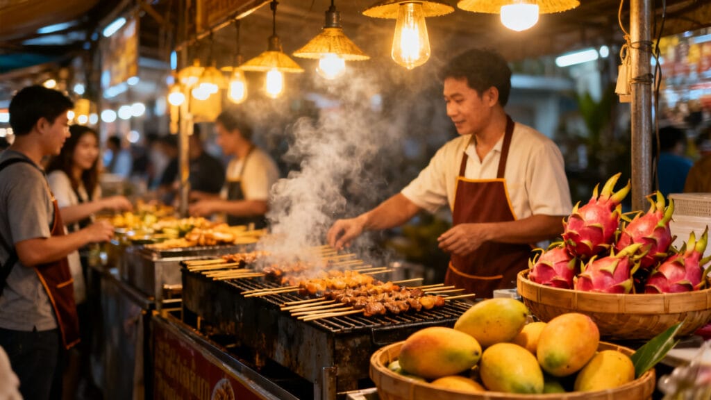 Stands de street food et fruits au marché nocturne
