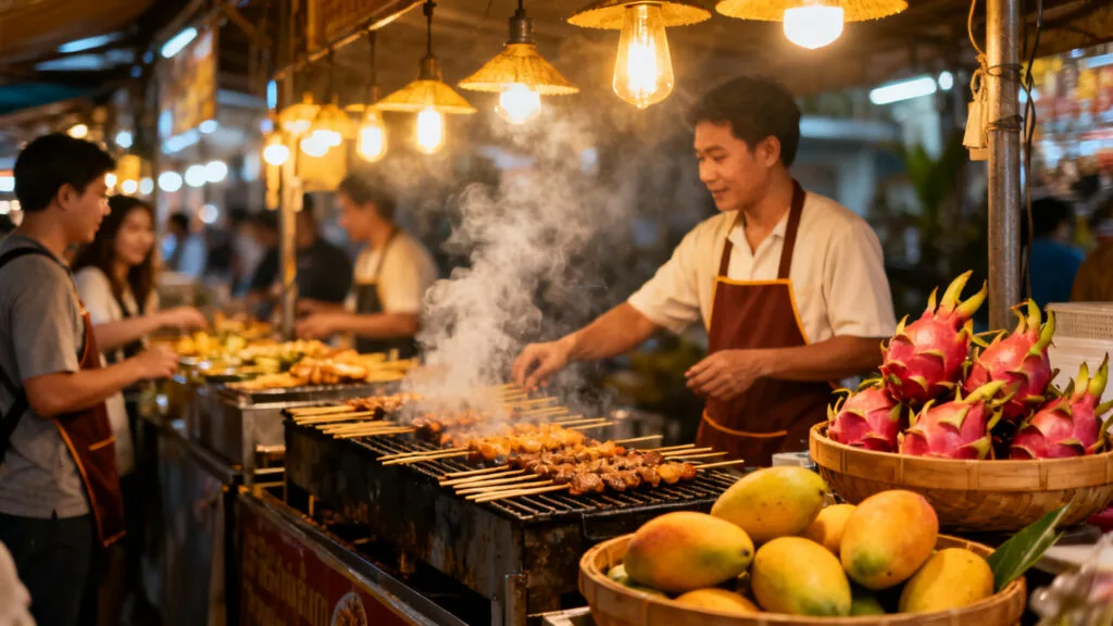 Stands de street food et fruits au marché nocturne