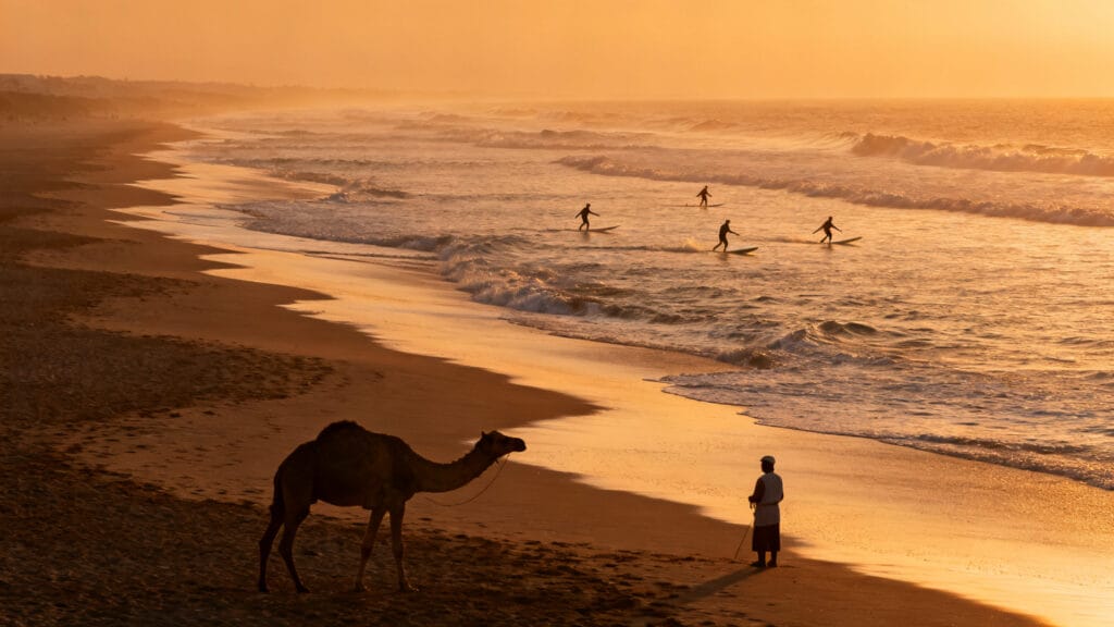 Plage atlantique marocaine avec surfeurs au coucher