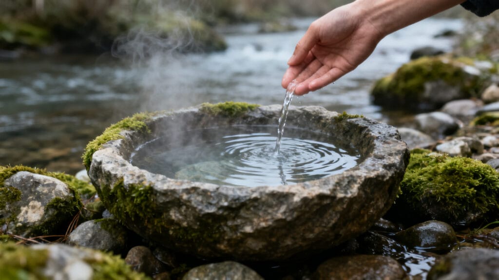 Mélange eau chaude et eau froide dans une vasque corse